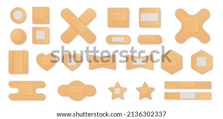 Set of First aid band plaster. Medical patches of various shapes for sealing wounds and skin injuries. Design elements for web. Cartoon realistic vector collection isolated on white background Foto d'archivio © 