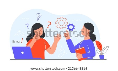 Concept of mentoring. Boss teaches subordinate how to use laptop or computer. Modern technologies and error correction in program, help and support, education. Cartoon flat vector illustration