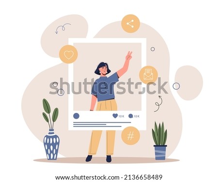 Popular celebrity account. Young girl in photo shows two fingers. Social networks and posts on Internet. Blogger and followers, opinion leader and influencer. Cartoon flat vector illustration