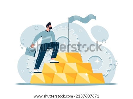 Gold investment concept. Man climbs up steps and ingots towards flag. Goal setting metaphor. Successful investor or entrepreneur. Financial literacy and business. Cartoon flat vector illustration