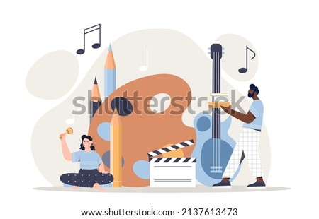 Artistic people concept. Creative personalities, man and girl surrounded by books, drawings and musical instruments. Writers, artists and musicians, hobbies. Cartoon flat vector illustration