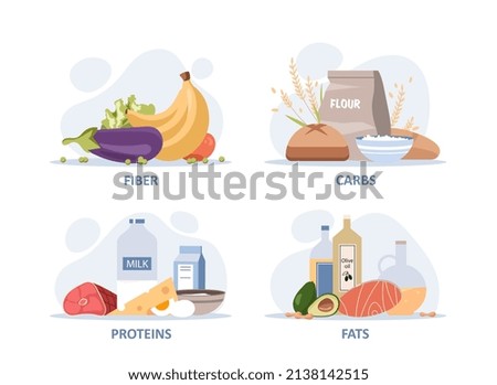 Useful macronutrients set. Collection of natural and organic products. Health care and diet, nutrition. Sport and active lifestyle. Cartoon flat vector illustrations isolated on white background