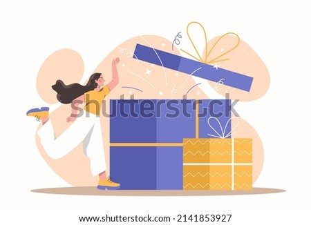 Birthday present concept. Girl opens box, metaphor for special offers and discounts. Graphic elements for website, marketing poster or banner, holiday greetings. Cartoon flat vector illustration
