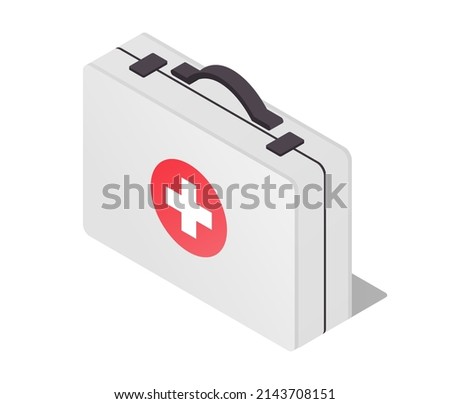 White medical bag. Special briefcase for carrying medicines and equipment for making diagnosis. Bag for ambulance doctors, first aid kit. Support and help. Cartoon isometric vector illustration