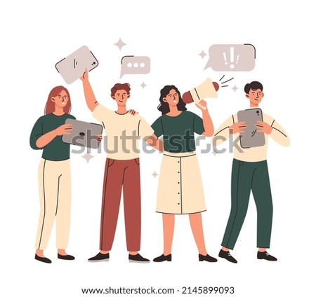 Political life of citizens concept. Men and women with digital devices and loudspeakers urging people to sign petition or gather for rally. Human rights and freedoms. Cartoon flat vector illustration