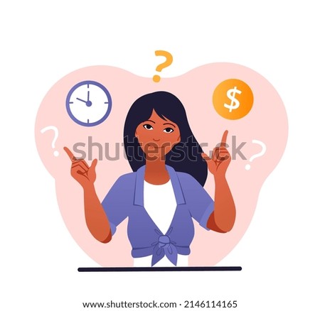 Woman making decision. Girl evaluates financial and time resources. Novice investor analyzes deal. Work or personal life, key choice, people searching balance. Cartoon flat vector illustration