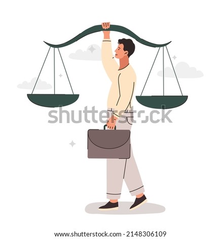 Balance of principles. Man with briefcase carries scales in his hands, justice and honesty. Strong personality, mental attitudes. Entrepreneur and business ethics. Cartoon flat vector illustration