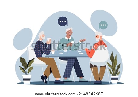 Elderly friends concept. Grandfathers sit at table in cafes or restaurants and socialize. Hot drinks, coffee or tea. Friends discuss news, gossips and rumors. Cartoon flat vector illustration ストックフォト © 