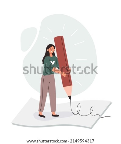 Creative hobby concept. Young smiling woman holds large pencil and draws on white sheet of paper. Creating artistic painting. Hand writing prosess. Cartoon contemporary flat vector illustration