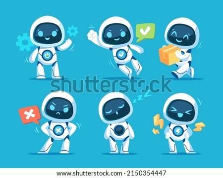 Set of cute white robots. Cyber characters with lightning bolts, cross sign, tick, box in hands and adjustment cogs. Artificial intelligence. Cartoon flat vector collection isolated on blue background