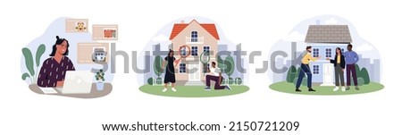 Property search abstract concept. Set of men and women choosing apartment on real estate website, checking house and concluding purchase, mortgage or rent agreement. Cartoon flat vector collection