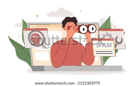 Distant system concept. Man looks through binoculars, boss evaluates work of subordinates. Leadership and motivation. Protection from unverified information. Cartoon flat vector illustration