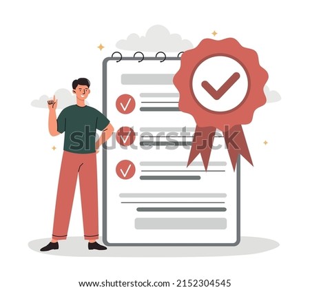 Product quality concept. Man checks product in accordance with requirements. Evaluation of goods of organization or company. Employee next to notebook with rules. Cartoon flat vector illustration