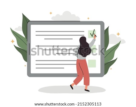 Woman votes concept. Electronic voting and government selection. Character passes remote survey, company collects feedback. Test, examination for online ducation. Cartoon flat vector illustration Photo stock © 