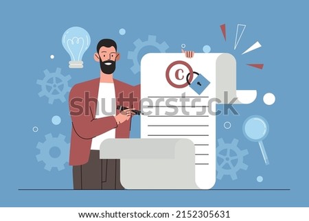 Intellectual property concept. Man holding sheet of paper with his creativity and mark. Copyright and legislation. Copywriter or writer shows his new book, literature. Cartoon flat vector illustration