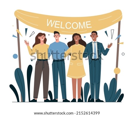 People hugging each other. Characters with welcome poster. Friendly team happy to see newcomer, good relationship in company office. Staff expansion and recruitment. Cartoon flat vector illustration