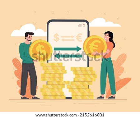 Currency exchange concept. Man and girl exchange dollars for euros, international trade and consequences of globalization. Modern technologies and non cash transfers. Cartoon flat vector illustration