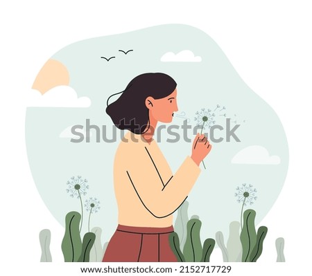 Similar – Image, Stock Photo Woman blowing dandelion in forest during picnic