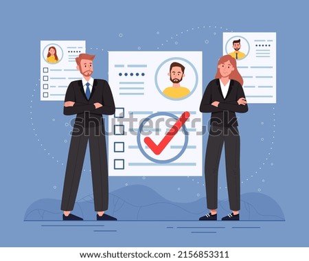 Know your customer. Man and girl next to resumes of various people. Collection of data about consumer, feedback and evaluation of information, marketing research. Cartoon flat vector illustration