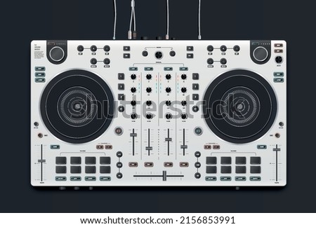 DJ console realistic. Modern graphic elements for music applications, mixer or player. Innovation and design of programs and apps. Isometric vector illustrations isolated on black background