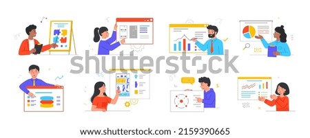 Set of people presenting information. Entrepreneurs show financial reports, business strategies, user interface designs and other projects. Cartoon flat vector collection isolated on white background