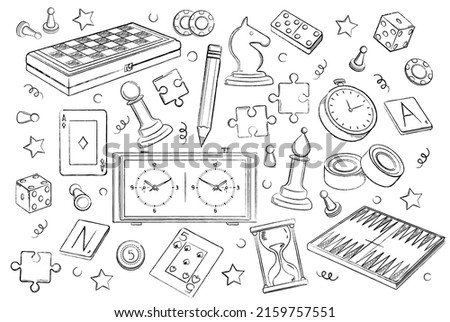 Hand drawn set of board game element. Icons with cards, chess, backgammon, puzzles, checkers, poker and dice. Games for entertainment and recreation. Cartoon flat vector collection in linear style