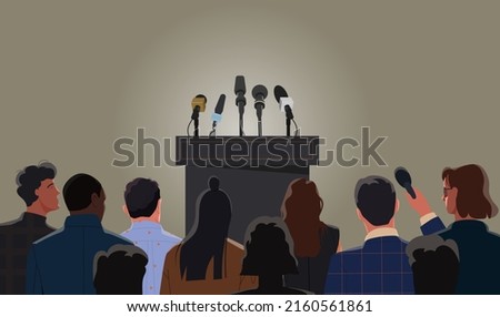 Press conference tribune with microphones. Crowd of journalist and reporter waiting for speaker speech. Media interviews and answers to questions. Live news broadcast. Cartoon flat vector illustration