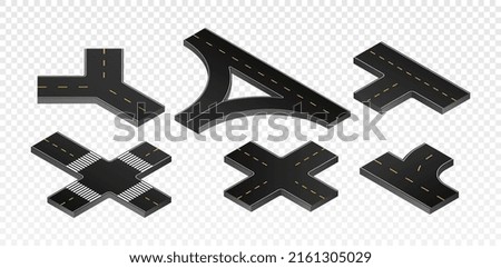 Isometric road intersections set. Collection of road junctions for paintings with city or town. Traffic and transport. Cartoon isometric vector illustrations isolated on transparent background