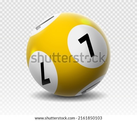 Lotto ball 7. Gambling, graphic elements for website. Yellow ball with number seven. Sphere with shadow, interface elements for games, poster or banner. Realistic isometric vector illustration