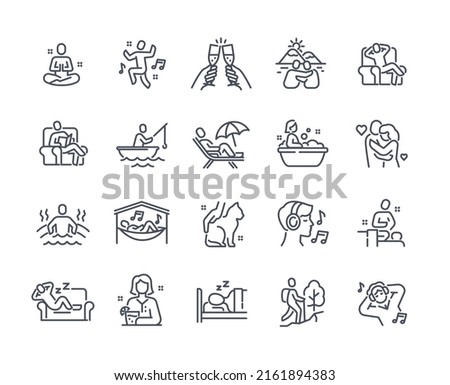 Relax line icon set. Relaxation, rest, meditation, sleep, vacation or fishing on lake. Design elements for apps and social networks. Cartoon flat vector collection isolated on white background