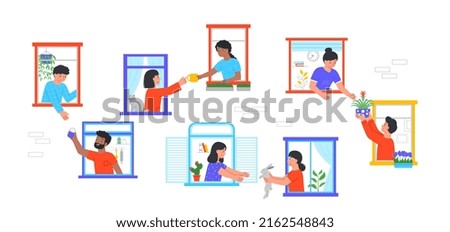 Concept of good neighborhood. Set of men and women sharing various things with each other through open windows of house. Good neighbors. Cartoon flat vector collection isolated on white background