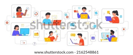 Team communication and project management concept. Young male and female employees organize remote workflow. Online meeting or video conference with colleagues. Cartoon flat vector illustration