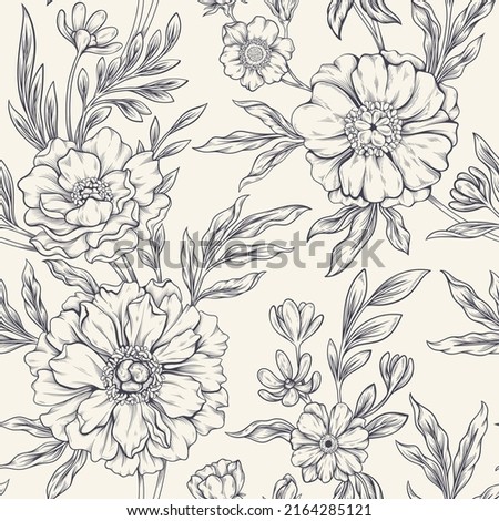 Vintage Floral Pattern concept. Beautiful seamless pattern with blossom plants, roses, peonies and branches. Design element for wallpaper, textiles and clothing. Cartoon linear vector illustration