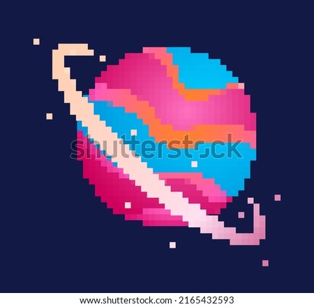 Pixel planet concept. Sticker for social media in retro style. Bright cosmic body with ring. Fantasy and imagination, fairy tales, space and galaxy, universe. Cartoon flat vector illustration