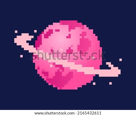 Pixel planet concept. Sticker for social media in retro style. Pink bright space body with circle. Exploration of galaxies, science in space. Astronomy and astrology. Cartoon flat vector illustration