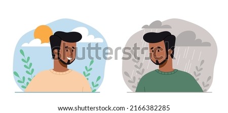 Sad and happy mood. Young guy in sun or in rainy weather. Metaphor for depression, loneliness and sadness or joy and positivity. Optimist and pessimist metaphor. Cartoon flat vector illustration