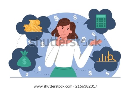 Thinking about finances. Girl evaluates financial income. Family budget and savings, choosing best investment strategy. Working with statistics, graphs and diagrams. Cartoon flat vector illustration
