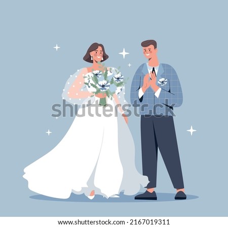 Bride and groom at wedding. Guy and girl smiling. Young and happy family, traditional rituals. Holiday, design for greeting and invitation card, couple in love. Cartoon flat vector illustration Photo stock © 