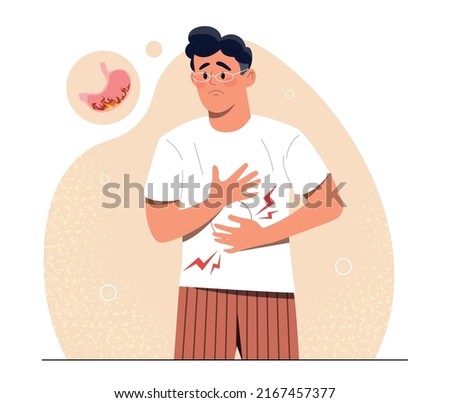 Abdomen pain concept. Young guy holds his stomach with both hands, healthcare. Problems with intestines or digestion. Unhealthy diet and junk food, poisoning. Cartoon flat vector illustration