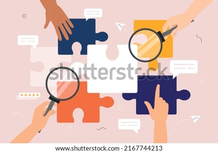 Metaphor of partnership. Hands add up picture from different puzzles. Creative personalities and brainstorming. Workflow, colleagues working on same project. Cartoon flat vector illustration