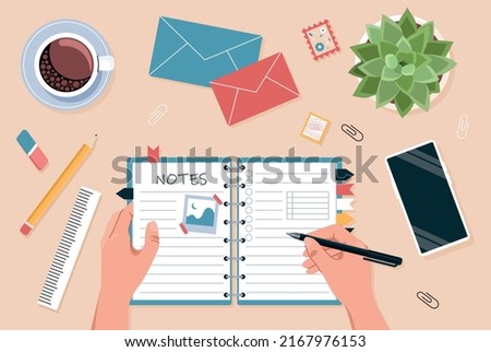 Open diary concept. Character writes down his emotions and plans in notebook. Writing instruments on table. Routine and household chores. Planning and scheduling. Cartoon flat vector illustration