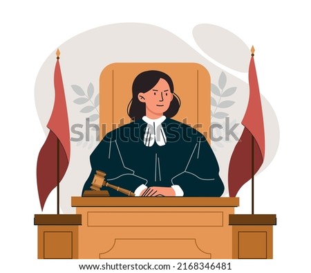 Concept of judge. Woman in black robe and with gavel sits at table and listens to arguments of parties. Jurisprudence and lawmaking, evaluation of evidence metaphor. Cartoon flat vector illustration