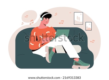 Man relaxing at home. Guy sitting with laptop and headphones on couch. Student watches interesting videos, movies or series, communicates in social networks. Cartoon flat vector illustration