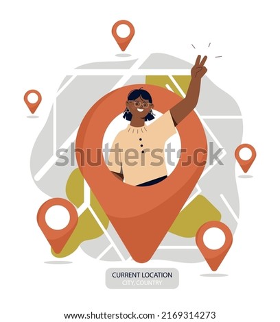 Current location concept. Woman on map peeks out of label. Geolocation and tourist focuses on terrain in unfamiliar country. Application or program for travelers. Cartoon flat vector illustration