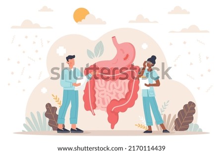 Concept of gastroenterology. Man and girl check stomach and intestines, doctors conduct scientific study. Specialists make diagnosis and choose treatment methods. Cartoon flat vector illustration