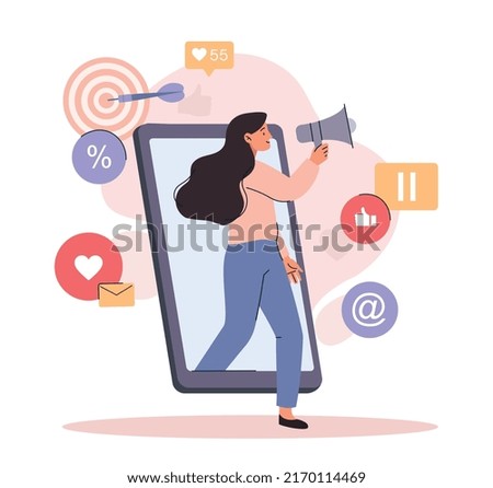 Social media marketing. Girl with loudspeaker next to smartphone. Modern technologies and promotion of goods on Internet. Woman calling friends to buy products. Cartoon flat vector illustration