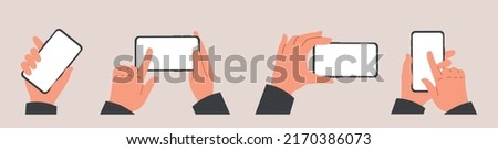 Set of Human hands hold mobile phone. Female or male palms hold smartphones with blank screens and touch with fingers. Design for advert. Cartoon flat vector collection isolated on beige background