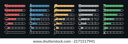 Set of game progress bars. Pixel scales of health, energy, time, protection and mana with different level of fullness. Heart and lightning, hourglass and shield, potion. Cartoon flat vector collection