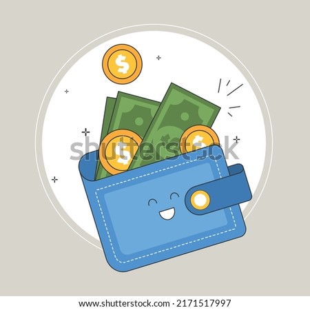 Cute smiling wallet. Dollar bills and coins, salary, profit or income increase. Wealth, financial stability or transactions. Funny character overflowing with money. Cartoon flat vector illustration