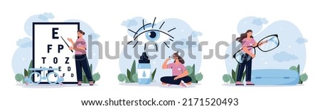 Ophthalmology and medicine concept. Set of doctors checking eyesight or vision, fitting eye drops and corrective lenses for eyeglasses. Cartoon flat vector collection isolated on white background